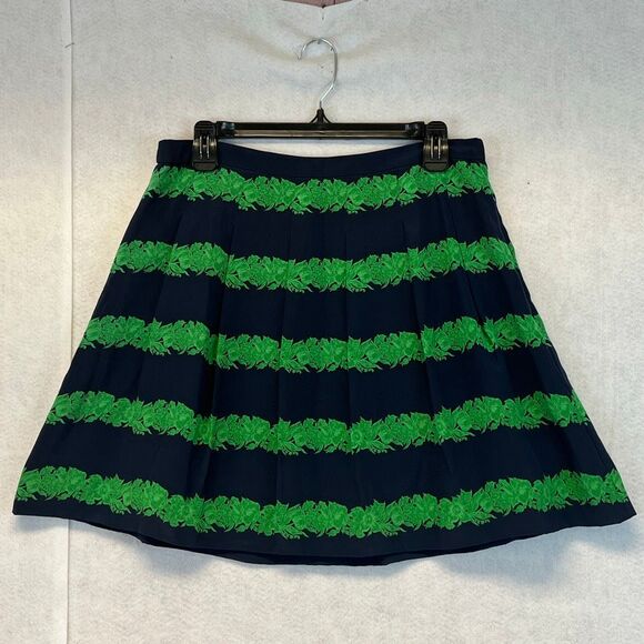 J. CREW 100% Silk Skirt Size 8 Beanstalk Stripe Blue Green Mini Pleats Lined - Picture 3 of 15